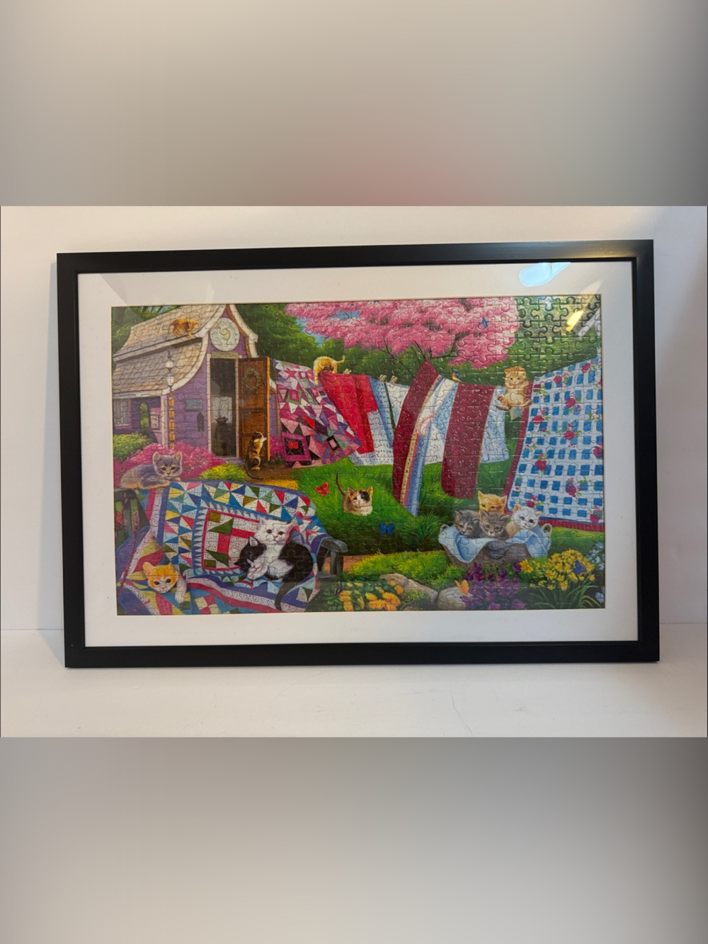 Framed Puzzle Colorful Cats & Quilts Home Art Print - Multi